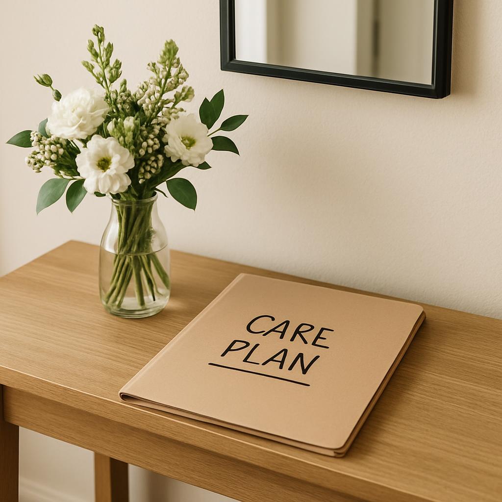A close-up of a cream-colored notebook with the words "CARE PLAN" in black print on its cover, placed on top of a wooden t...